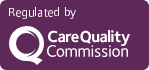 Logo shows a big, white letter 'Q' beside white text which reads 'Care, Quality, Commission'