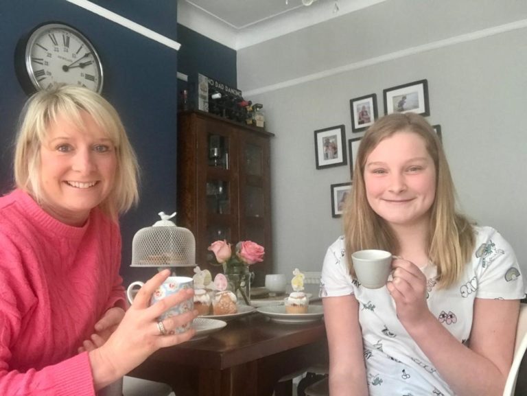 Jo and Molly at home enjoying afternoon tea