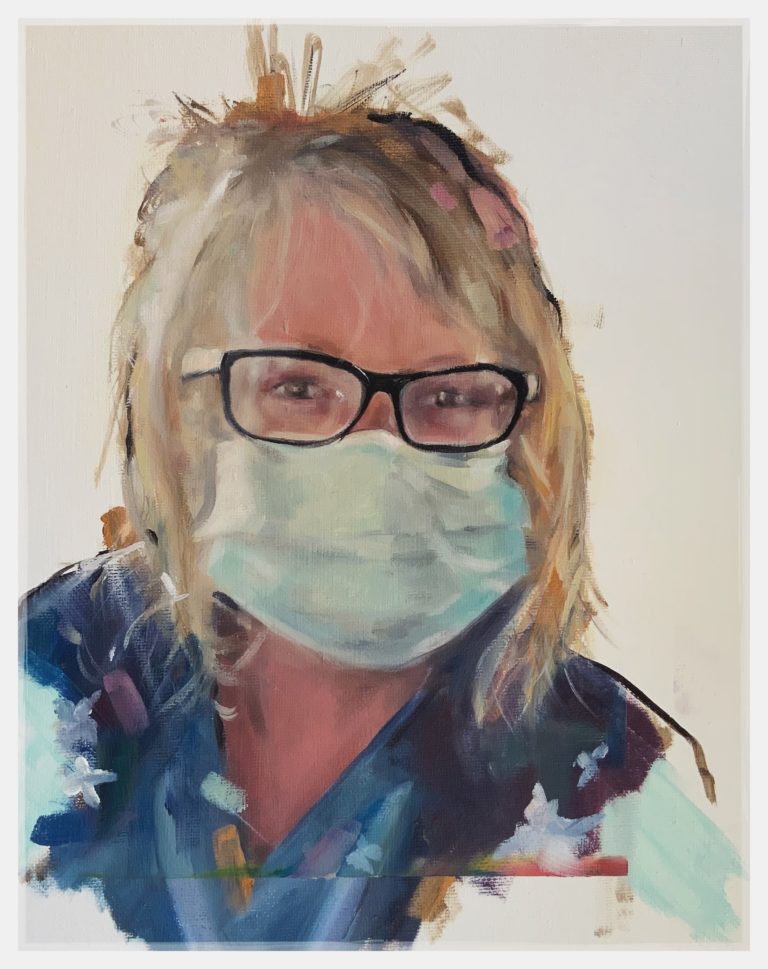 The portrait of Susie at work wearing a face mask
