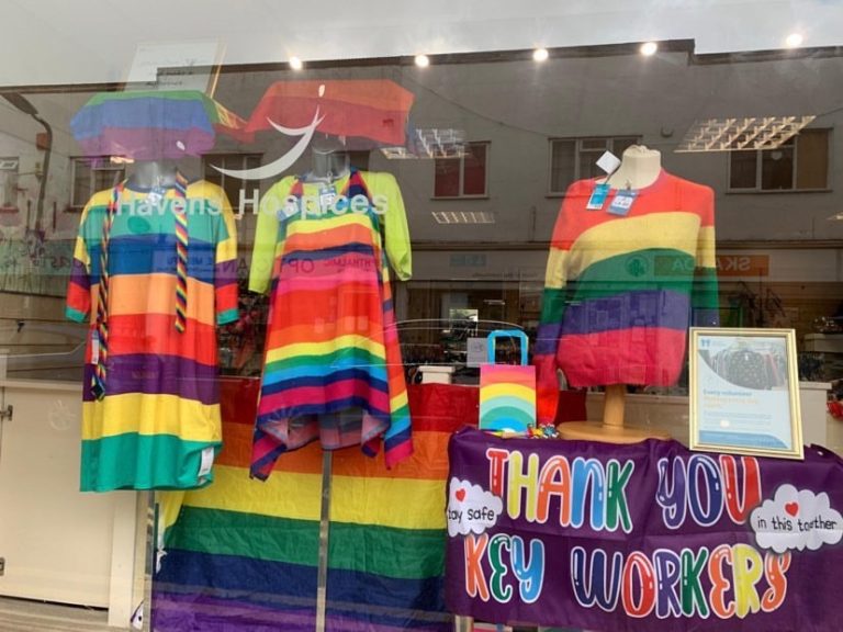 Rainbow themed shop window at Havens Hospices' Shoebury shop