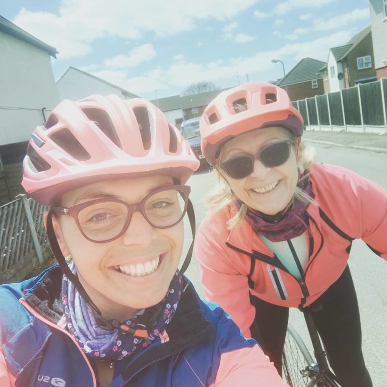Abi and her friend Helen training for the London to Paris Cycle Ride