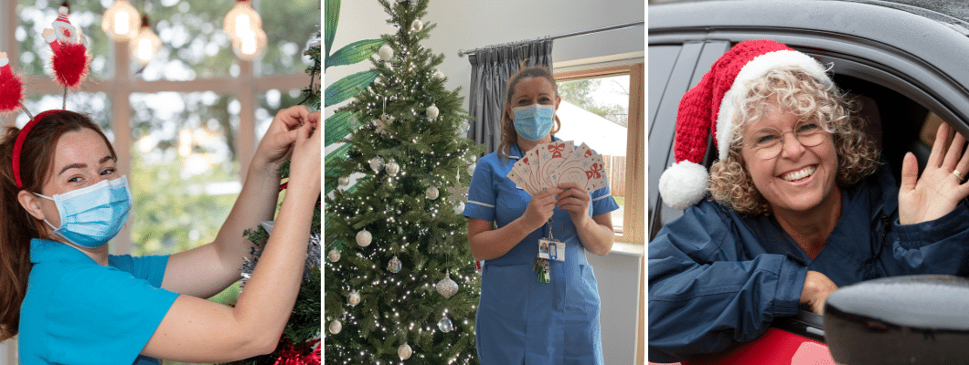 collage of three photos. nurse decorating tree, nurse holding cards in front of tree, nurse sat in car wearing santa hat waving