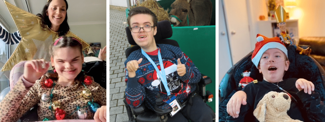 three photos, first one is a mum and child wearing necklace of bells dancing, second is a young adult wearing christmas jumper with carer next to her, third is a boy wearing a christmas hat