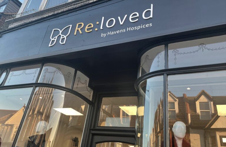 The shop fascia of the new Havens Hospices Leigh shop in Leigh Road