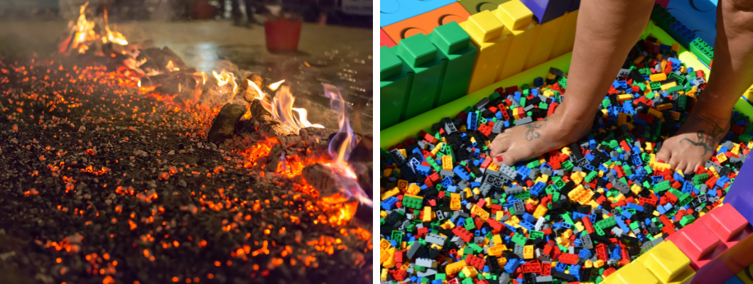 two photos first is of hot coals on the floor with flames coming off them, second photo is bare feet walking over lego