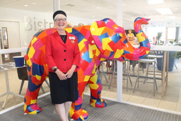 Julie Fosh, Deputy Lieutenant Of Essex standing next to Elephant Art Sculpture