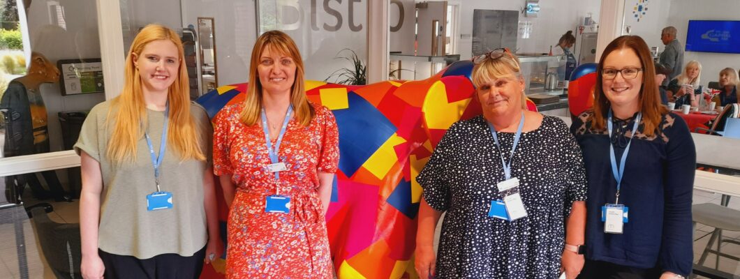 Volunteer services team, group of four women, stood smiling at the camera stood by a large elephant sculpture