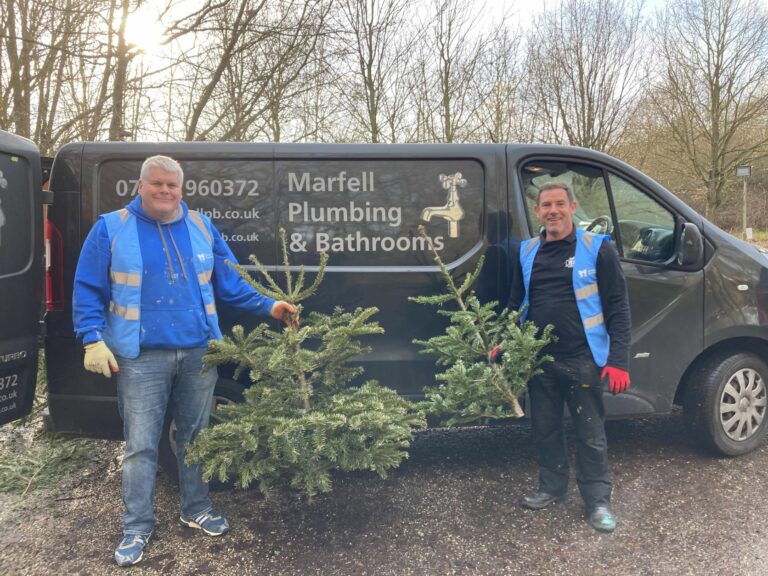 Two volunteers holding real Christmas trees next to their company's van