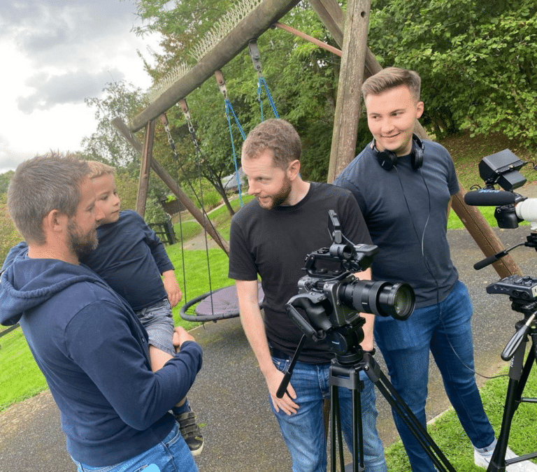 two camera men and a family at Little Havens - behind the scenes shot
