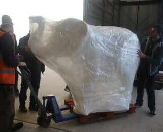 Elephant sculpture on a pallet being wheeled to another location