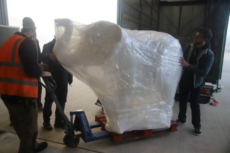 Elephant sculpture on a pallet being wheeled to another location