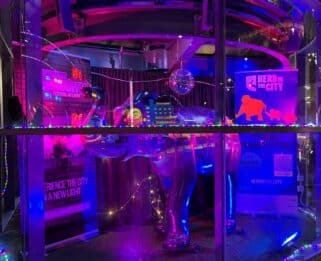 Rock ‘n’ Glow elephant in Southend Pier's shop window lit up