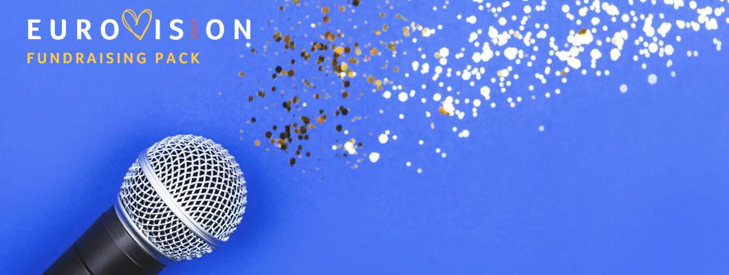 a microphone with silver glitter around the top with a blue background and text saying Eurovision fundraising pack