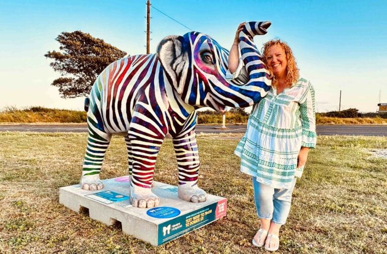 Jenny Sexton standing next to 'Living the Dream' elephant, decorated as a zebra in bright colours