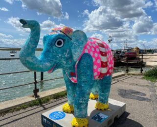 Elephant sculpture positioned in Old Leigh, with the sea in the background.