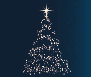 Navy blue background with a christmas tree shape make out of cartoon stars