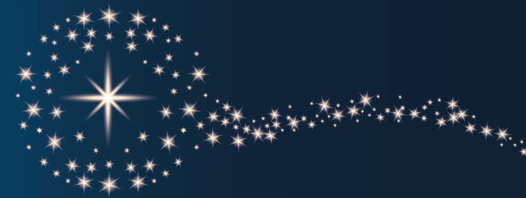 Navy blue background with a bright star in the middle and sparkly stars around it