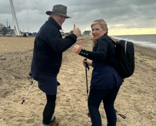 Nurses, Janet and Maureen, on Southend beach with the trekking gear.