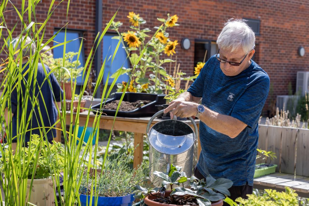 Trevor in the Fair Havens graden, watering the plants.
