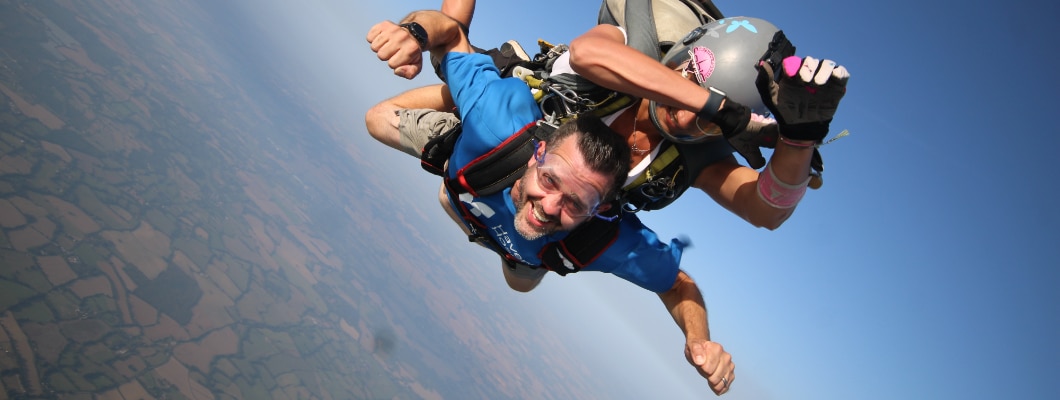 Tandem skydivers in the air