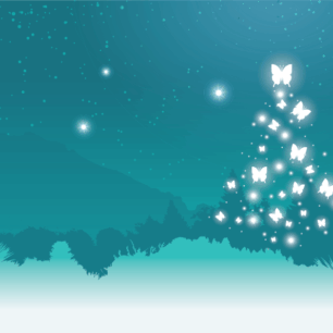 a green teal background with a christmas tree shape made out of glowing white butterflies