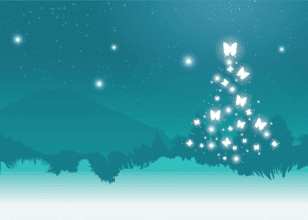 a green teal background with a christmas tree shape made out of glowing white butterflies