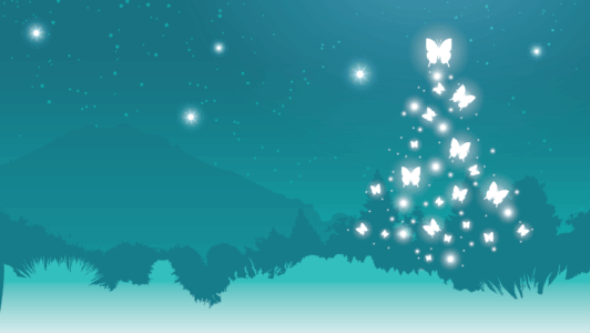 a green teal background with a christmas tree shape made out of glowing white butterflies