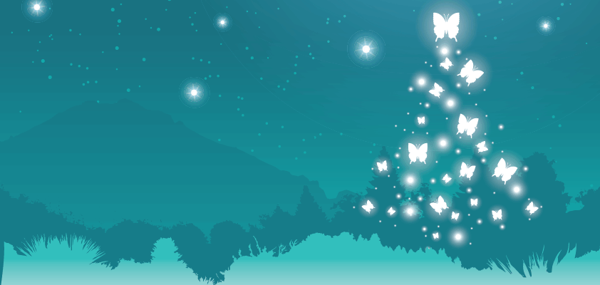 a green teal background with a christmas tree shape made out of glowing white butterflies