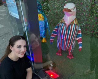 Niamh Connolly Joyce with her penguin David Bowie themed baby penguin sculpture.
