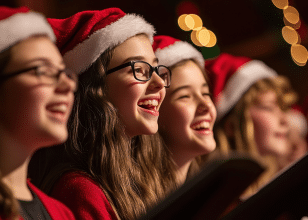 Group of children singing wearing santa hats