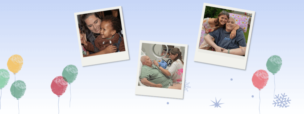 polaroid photos of Bex and Lucy on a blue background with balloons and a logo saying make your mark at christmas