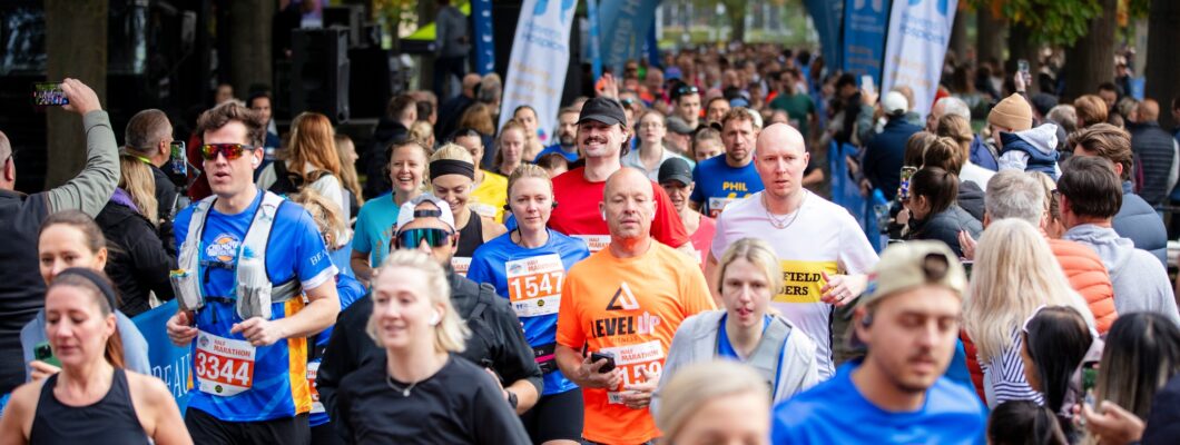 Chelmsford marathon runners as a crowd from the start line