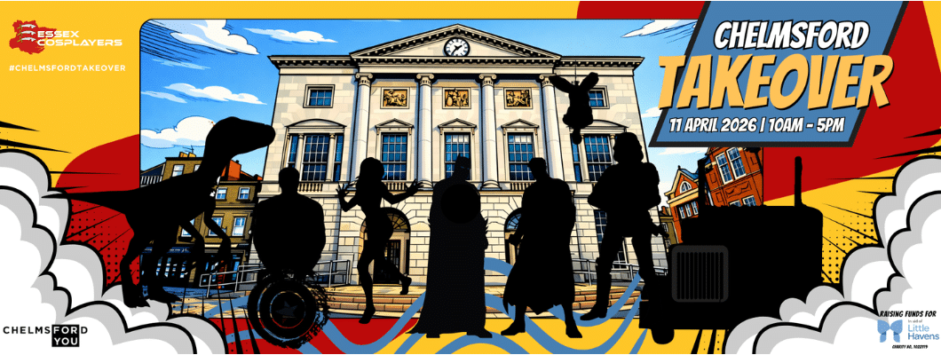 Cartoon superhero figures stand in front of a large building