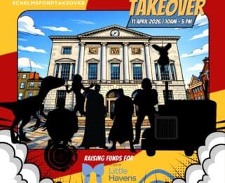 Graphic shows cartoon superhero figures standing in front of a grand building. Text reads 'Chelmsford Takeover'