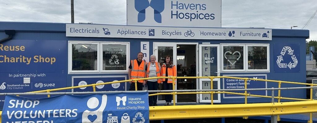 Laura Matthews, Engagement Officer. Dean McHugh Contract Supervisor & Janet from Havens Hospices standing outside the Reuse Shop in Stock Road