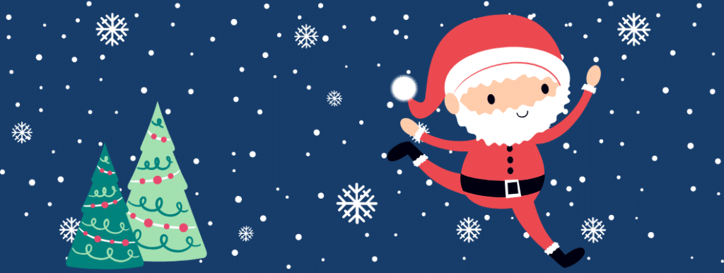 dark blue background with snow and tree graphics and a santa running
